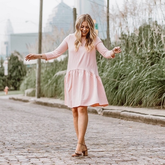 Kim and Proper Dresses & Skirts - Kim and Proper Blush Pink Scoop Neck Drop Waist Sophie Dress w/ 3/4 sleeves